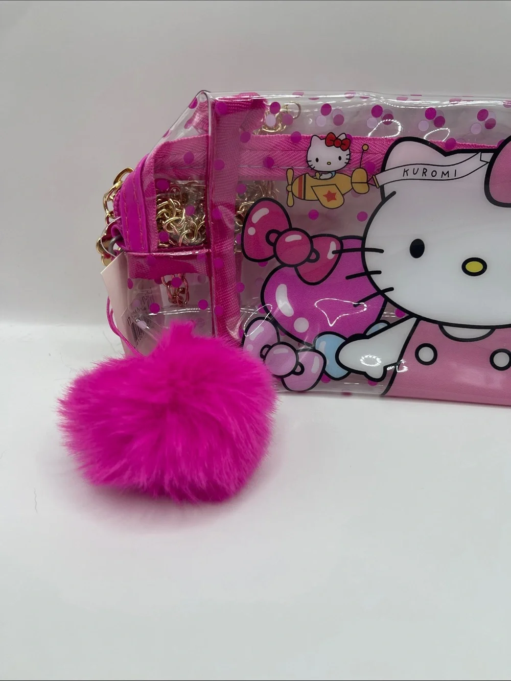 Hello Kitty Clear Pink Vinyl Bag with Pom Pom & Chain